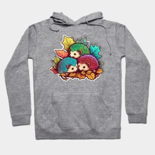 Three Rainbow Echidnas Playing in Leaves Hoodie